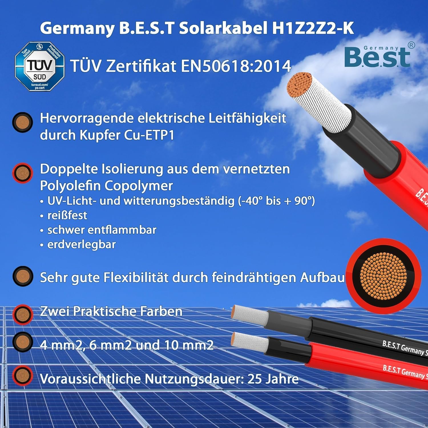 Germany B.e.s.t Solarkabel Duplex 4mm2 PV TÜV Zertifiziertes Kabel Aus Kupfer, Photovoltaik 50m Schwarz Und Rot