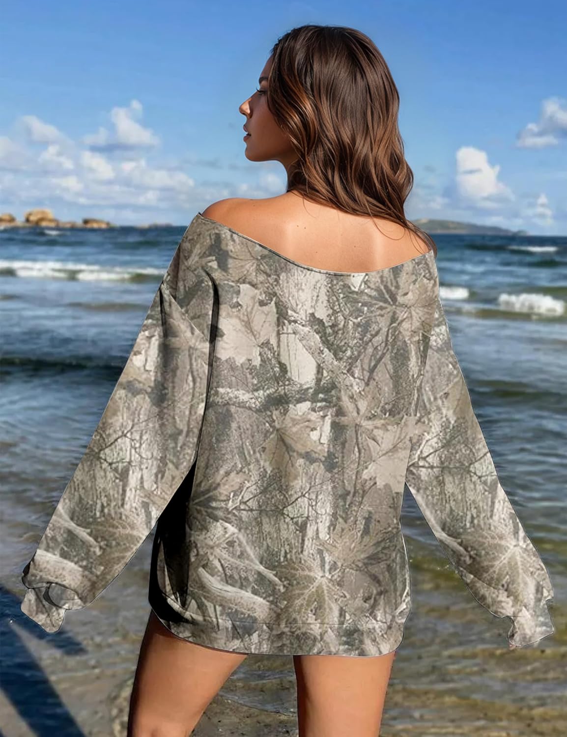 Womens Camo Off Shoulder Sweatshirt Oversized Graphic Maple Leaf Print Fleece Long Sleeve Trendy Pullover Hoodie - Image 2