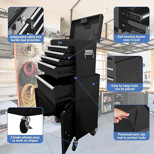 Miniatura 3 de Heavy-Duty 5-Drawer Rolling Tool Chest with Lockable Steel Cabinet  2-in-1 Detachable Toolbox for Garage & Workshop Storage  Black