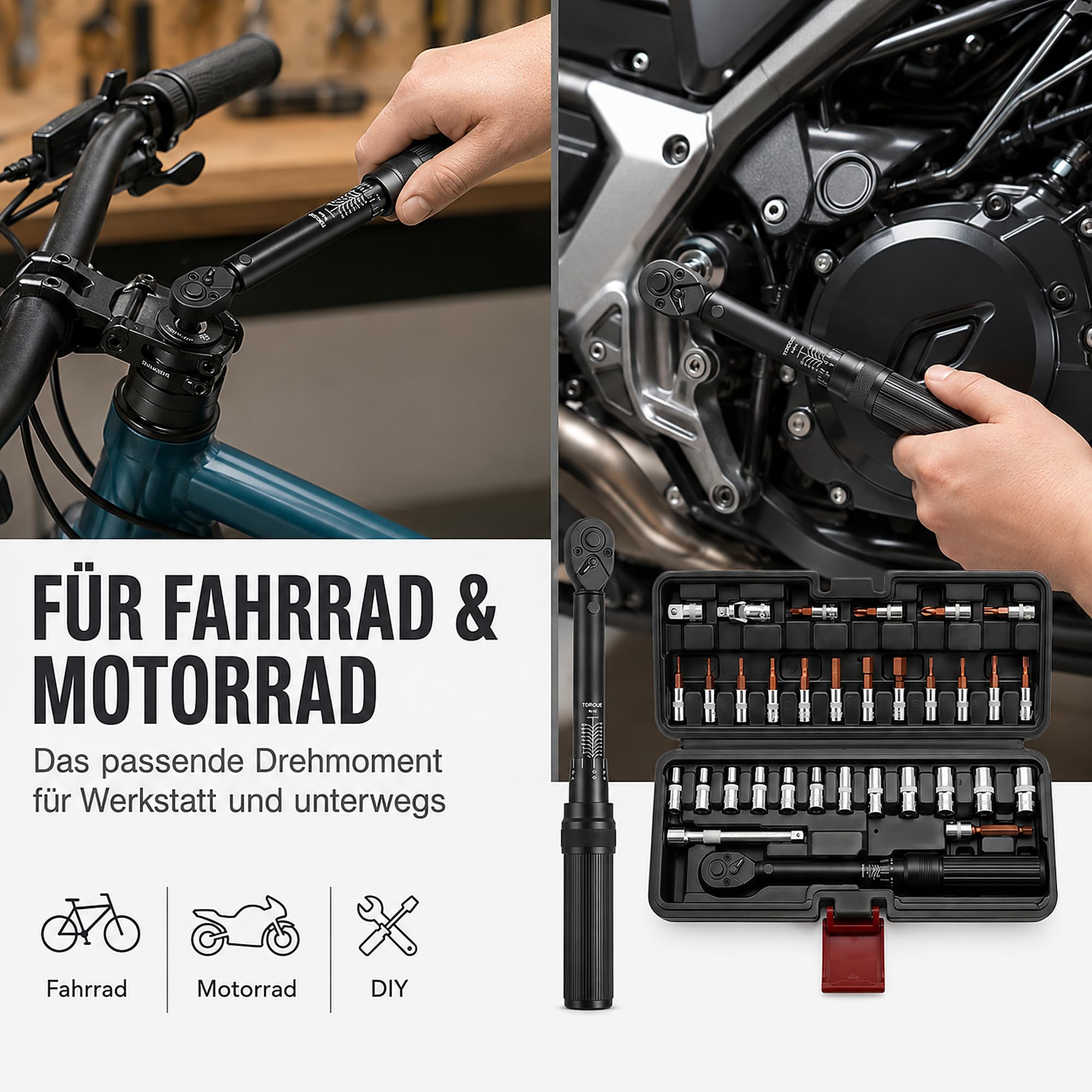Torque Wrench für Fahrrad & Motorrad 33-tlg, Drehmomentschlüssel Set 1/4" 2-24 Nm, Motorrad/Fahrrad mit 1/4"-3/8" Adapter