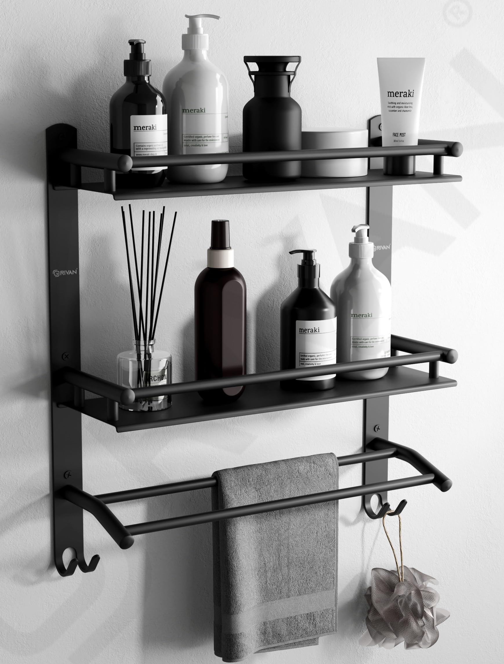GRIVAN Stainless Steel Multipurpose Double Layer Bathroom Shelf with Towel Road Racks Wall Mount Bath Shelf Organizer, Bathroom Accessories (Black Matte Finish)