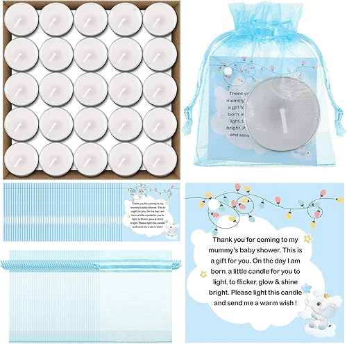 50 juegos de 50 velas de té para baby shower, 50 unidades, velas de té para invitados, velas de baby shower con 50 etiquetas de agradecimiento y 50