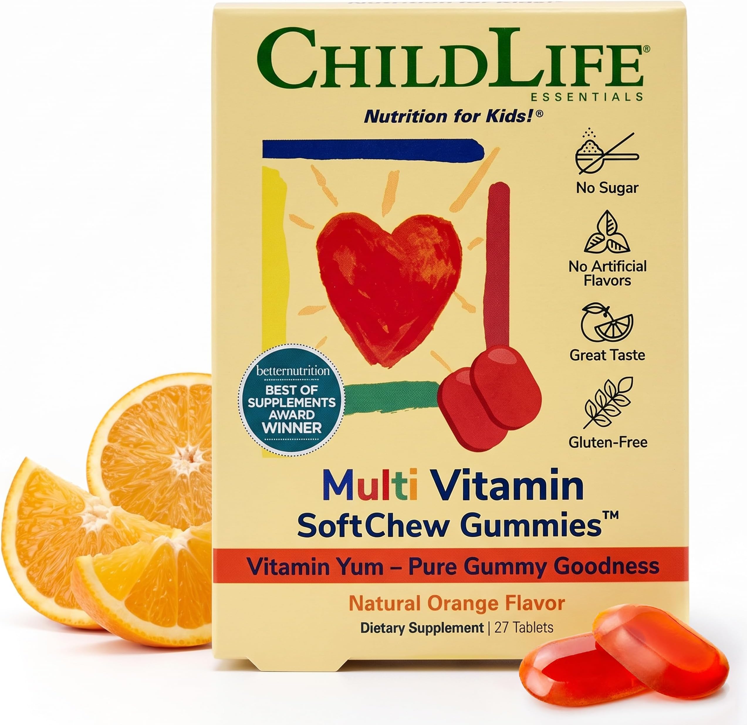 ChildLife Essentials Multivitamin SoftChew Gummies for Kids | Sugar-Free Natural Orange Daily Vitamins with DHA & Lutein for Growth & Immunity & Brain & Eye Health | 27 Gummies