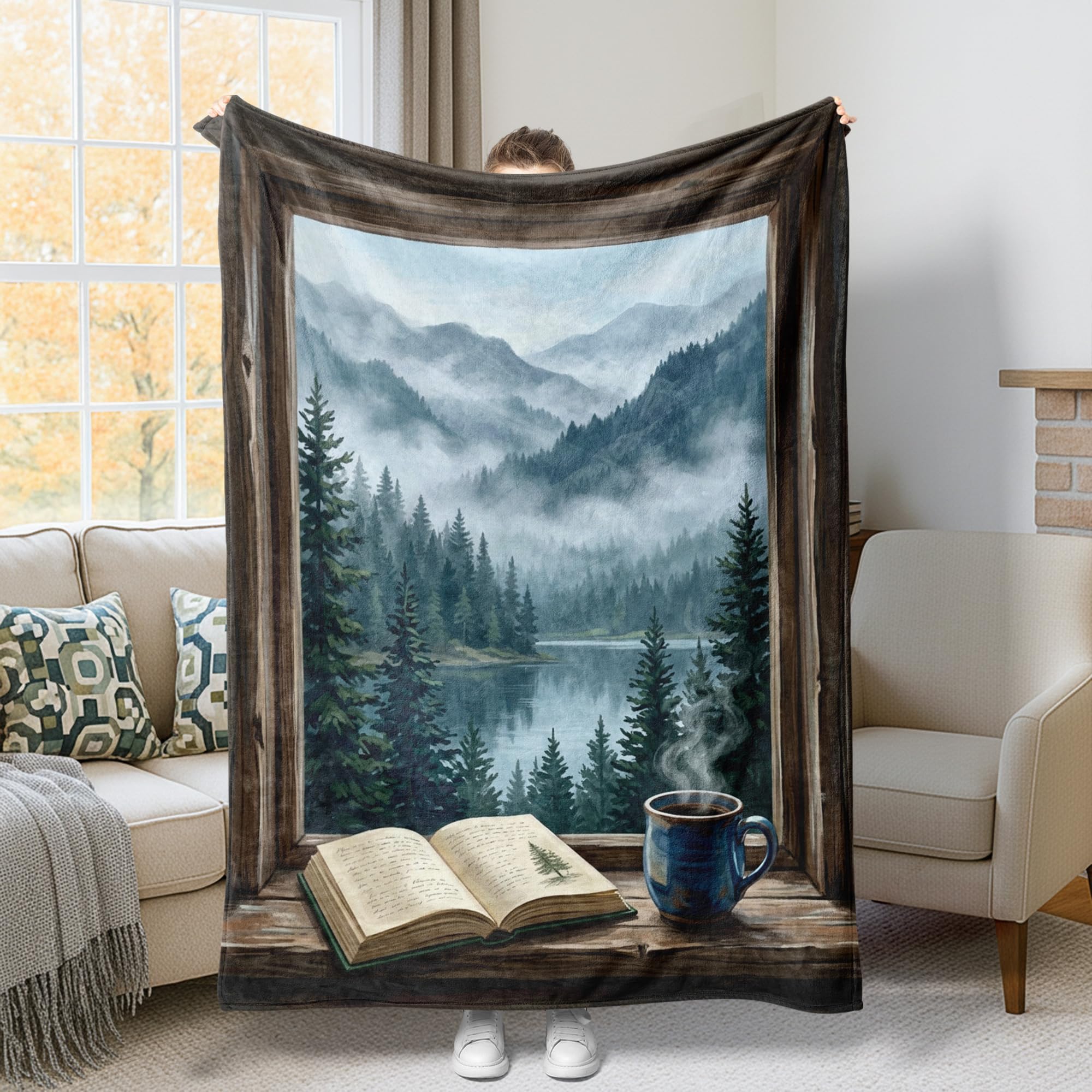 Couverture pelucheuse et confortable motif lac pour lit et sofa