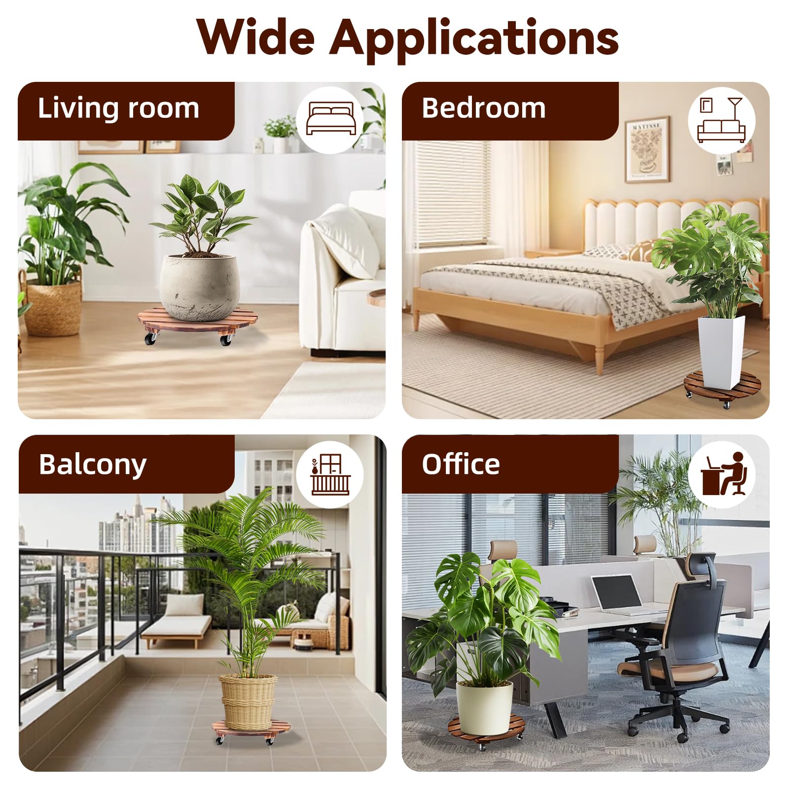 Lot de 2 Porte Plantes à roulettes 30,5 cm, Rond en Bois avec Roues Pivotantes et Verrouillables, Capacite 120kg, Chariot Mobile pour Pots de Fleurs Lourds, Usage Intérieur et Extérieur