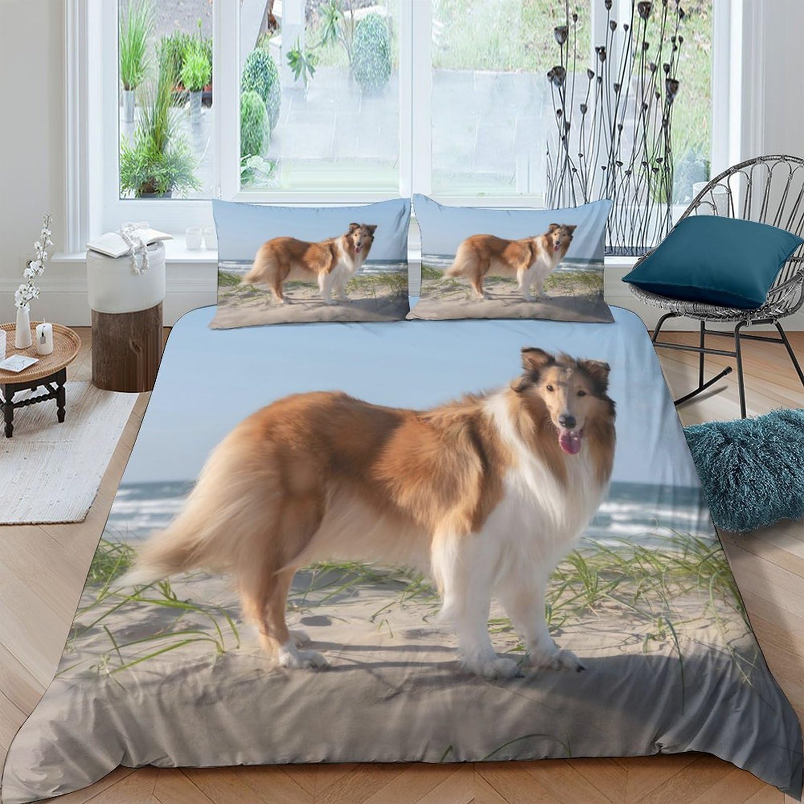 Ctjqhvkz Style-7 3D Printed Collie Dog Fitted Sheet Microfiber Soft Breathable Beach Scene Mattress Cover For Bedroom Decor Single（135X200cm）