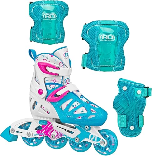 Roller Derby Tracer - Patines en línea ajustables para niña con equipo de protección, tamaño ajustable, equipo de protección de tres unidades