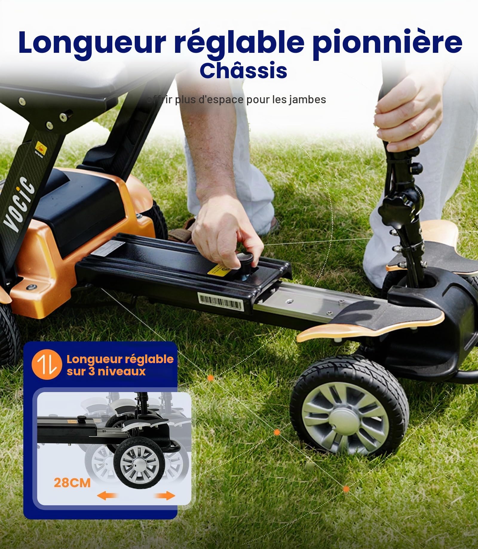 VOCIC D71 Scooter électrique Pliable et léger pour Les Personnes âgées | 21 kg fibre de carbone, avec cadre réglable en longueur jusqu'à 150 kg, pliable, certification avion 20 KM, 5 ans orange