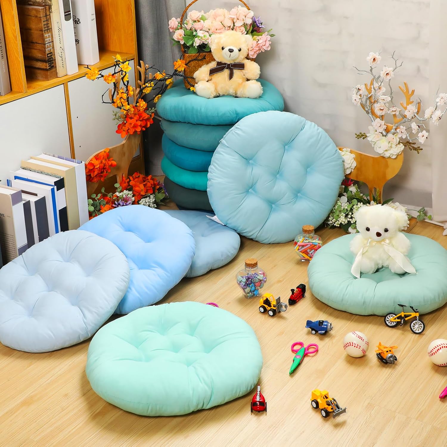 Fumete 12 Pcs Floor Pillows Cushions Seating 16 x 16 Inches Color Round Seat Reading Floor Chair Cushions for Kids Adults Classroom Home School Playing Supplies(Multicolor)