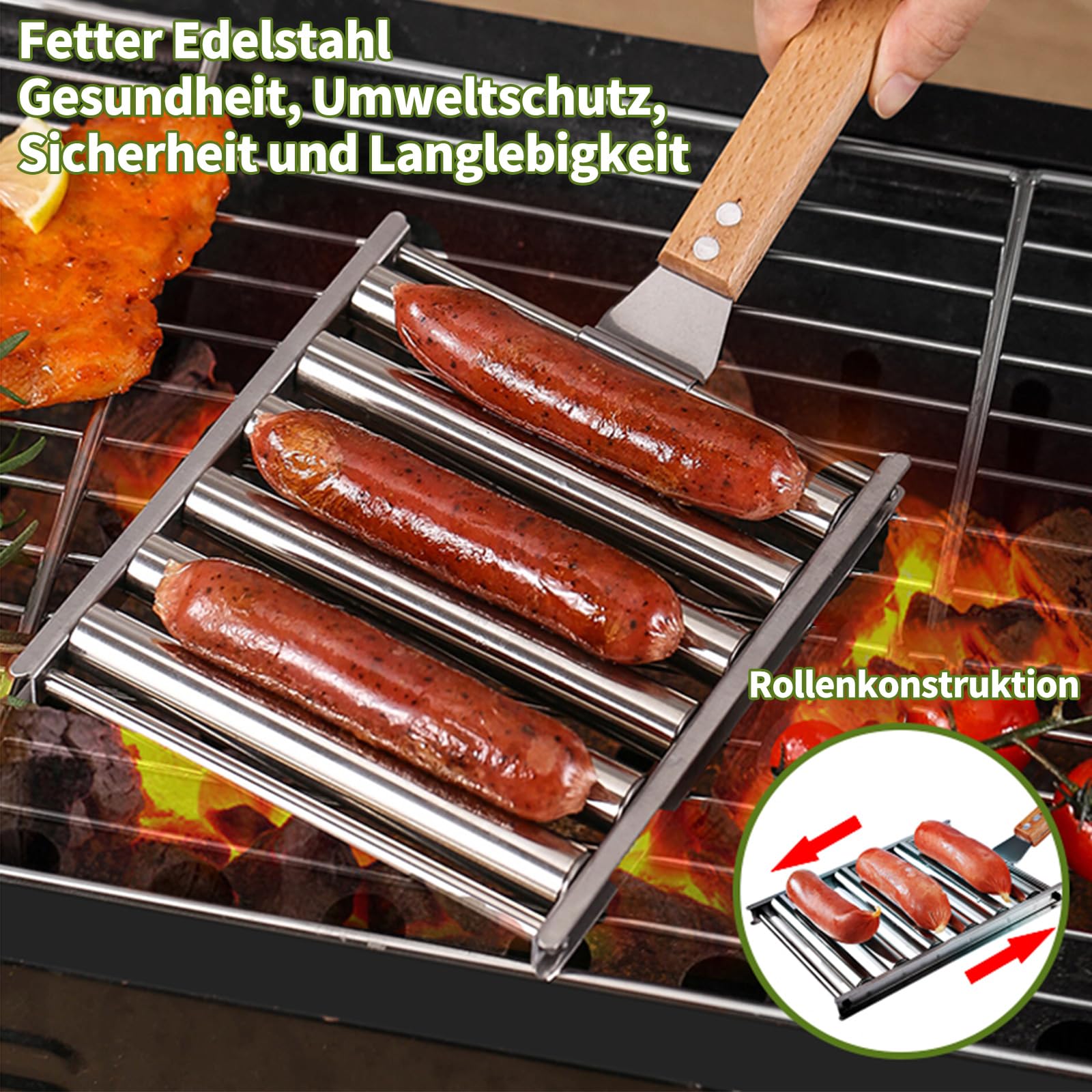 TOYMIS Hot Dog Roller Aus Edelstahl – 6 Rollen Für 5 Würste, Inkl. Spatel, Für Grill & Camping