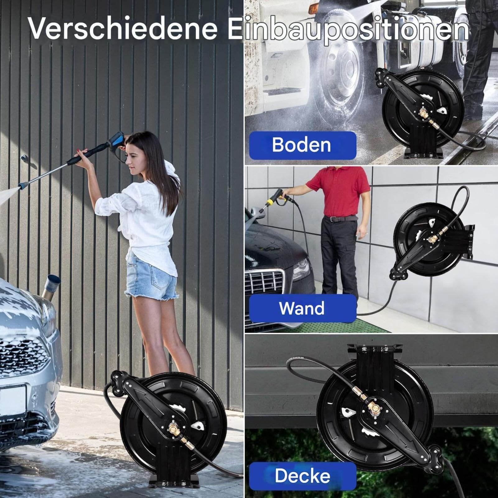 Carrete de manguera retráctil de doble brazo, retráctil automático para agua/aire/aceite, 4000 PSI, acero resistente, profesional, manguera de lavado a presión