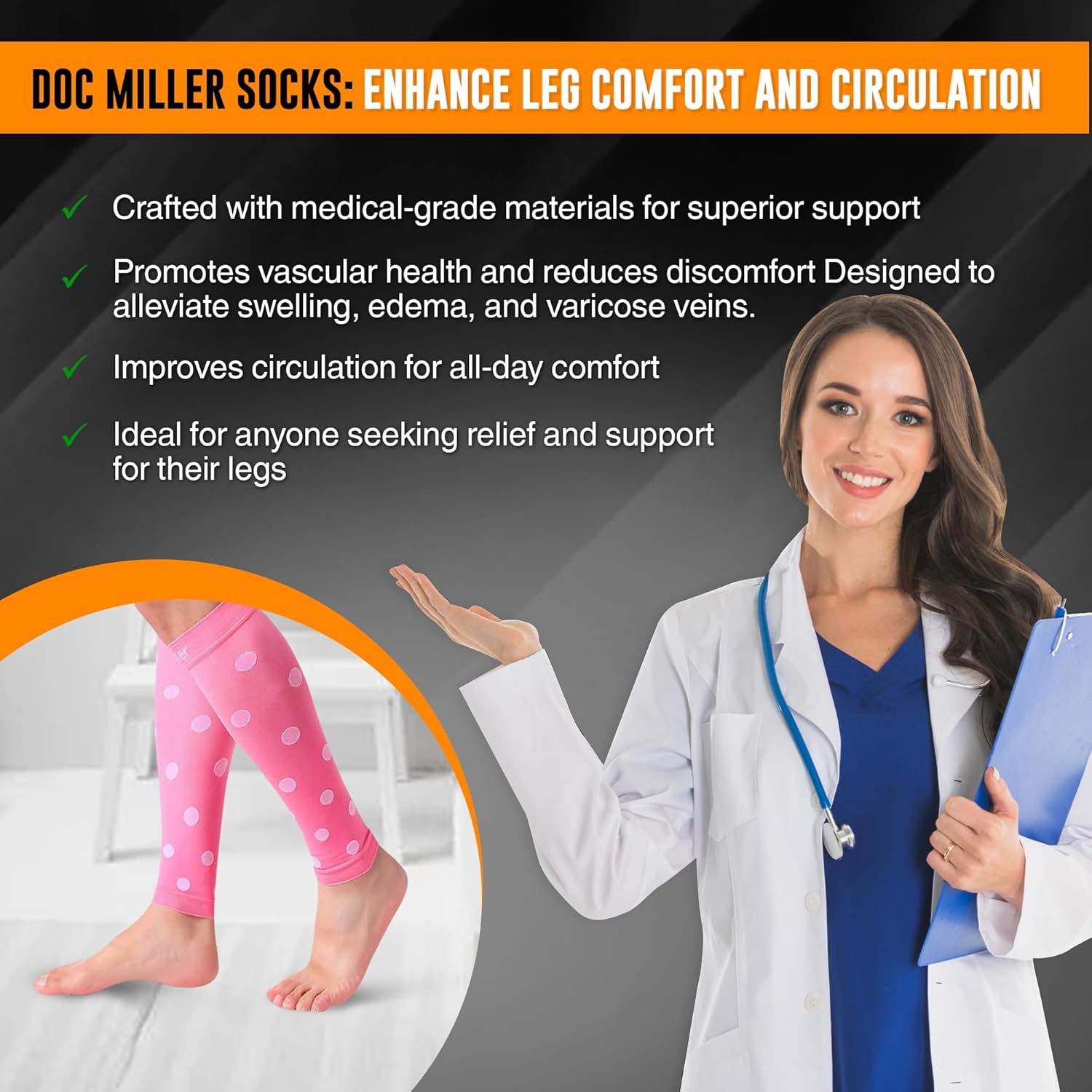 Doc Miller Calf Compression Sleeve for Women & Men, Footless 20-30mmHg Support for Shin Splints, Varicose Veins, Nurses, Running, Leg Pain Relief, Polka Dots, 1 Pair - Image 5