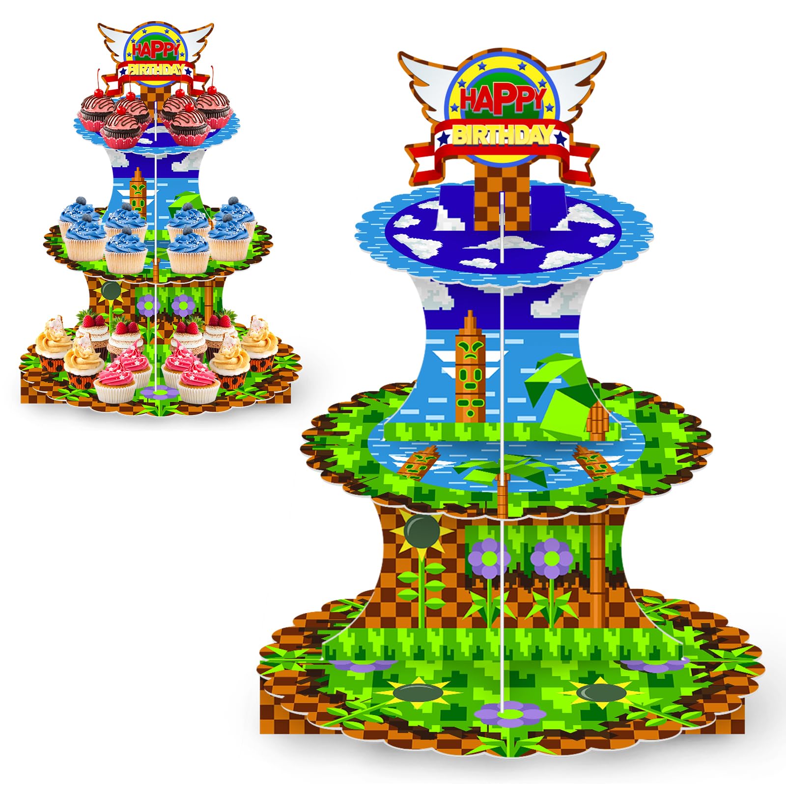 Babymiu Video Game Cupcake Stand (1 Pcs,3-Tiers) Gaming Party Favors Decorations for Boys Cardboard Cupcake Holder Round Serving Tray Stand Dessert Tower Video Game Theme Birthday Party Supplies