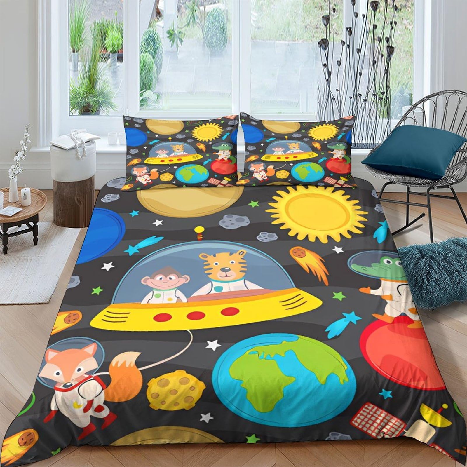 Housse de couette animal astronaute anti-plis avec fermeture éclair