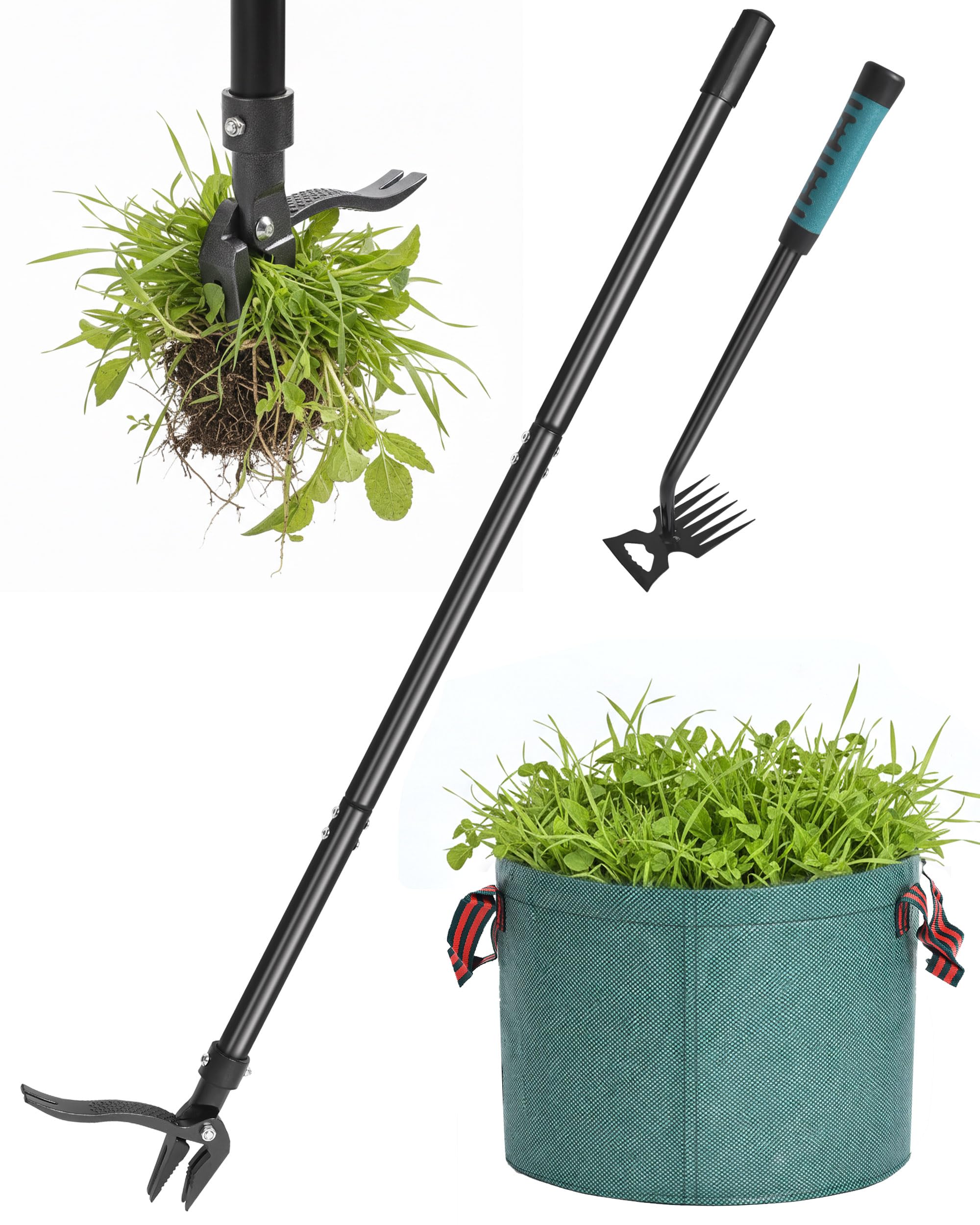 TITECK 3-Piece Stand Up Weed Puller Tool Set, 114cm Detachable Long Handled Weed Remover, Includes 38cm Hand Rake & 50L Garden Waste Bag