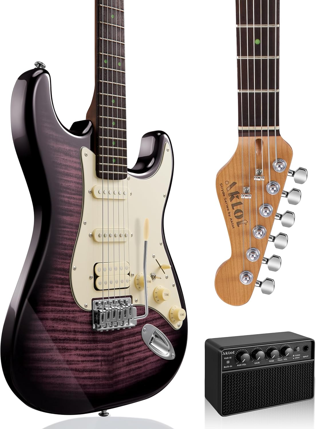 AKLOT Beginner Electric Guitar Kit: 10W Amp, Coil-Split HSS Pickups, Lesson Book, Roasted Maple Neck, Gig Bag, Tuner, Strap, Picks, Stryde Violet Venom