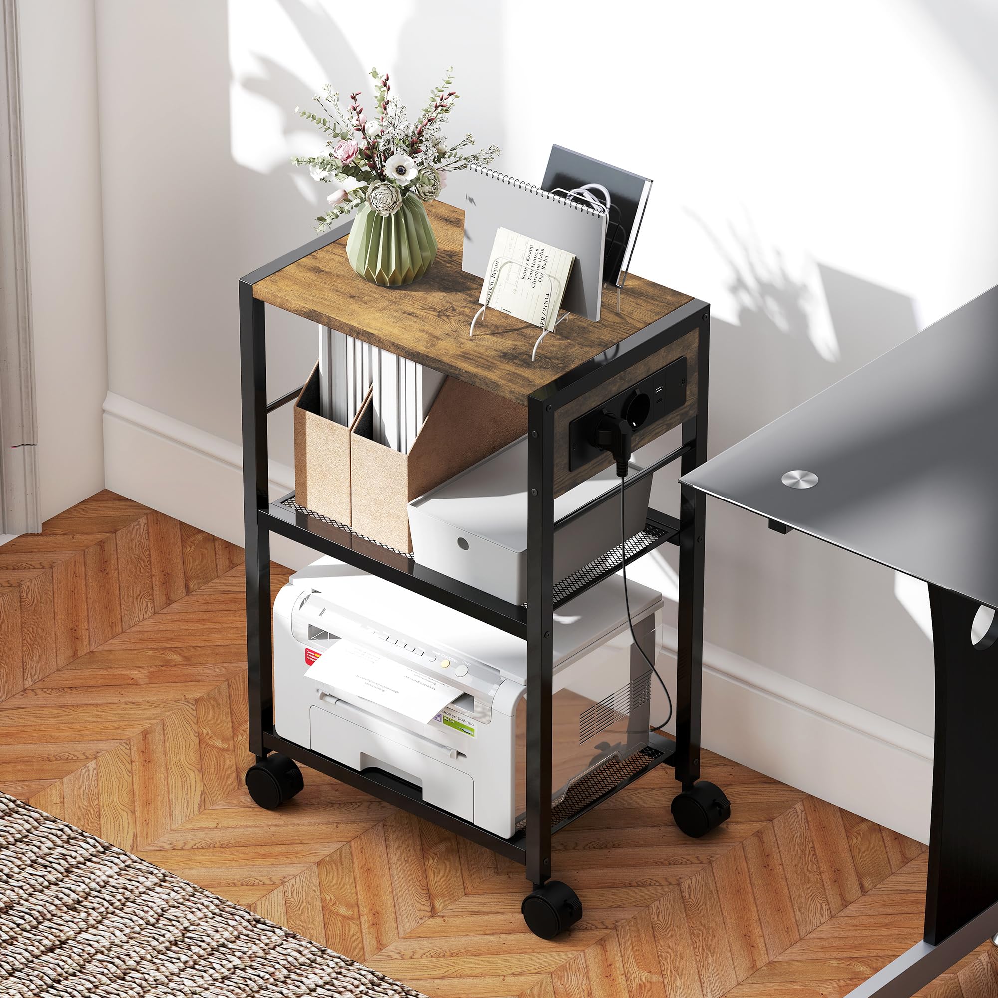 HOMCOM Druckerständer mit 3 Ebenen Rollen 42 x 28 x 64,5 cm Rustikalbraun | Steckdosen, Schreibtisch Organizer für Drucker, aus Stahl, Druckertisch, Druckerhalter, Druckerwagen, Büro Office Fax Scanner