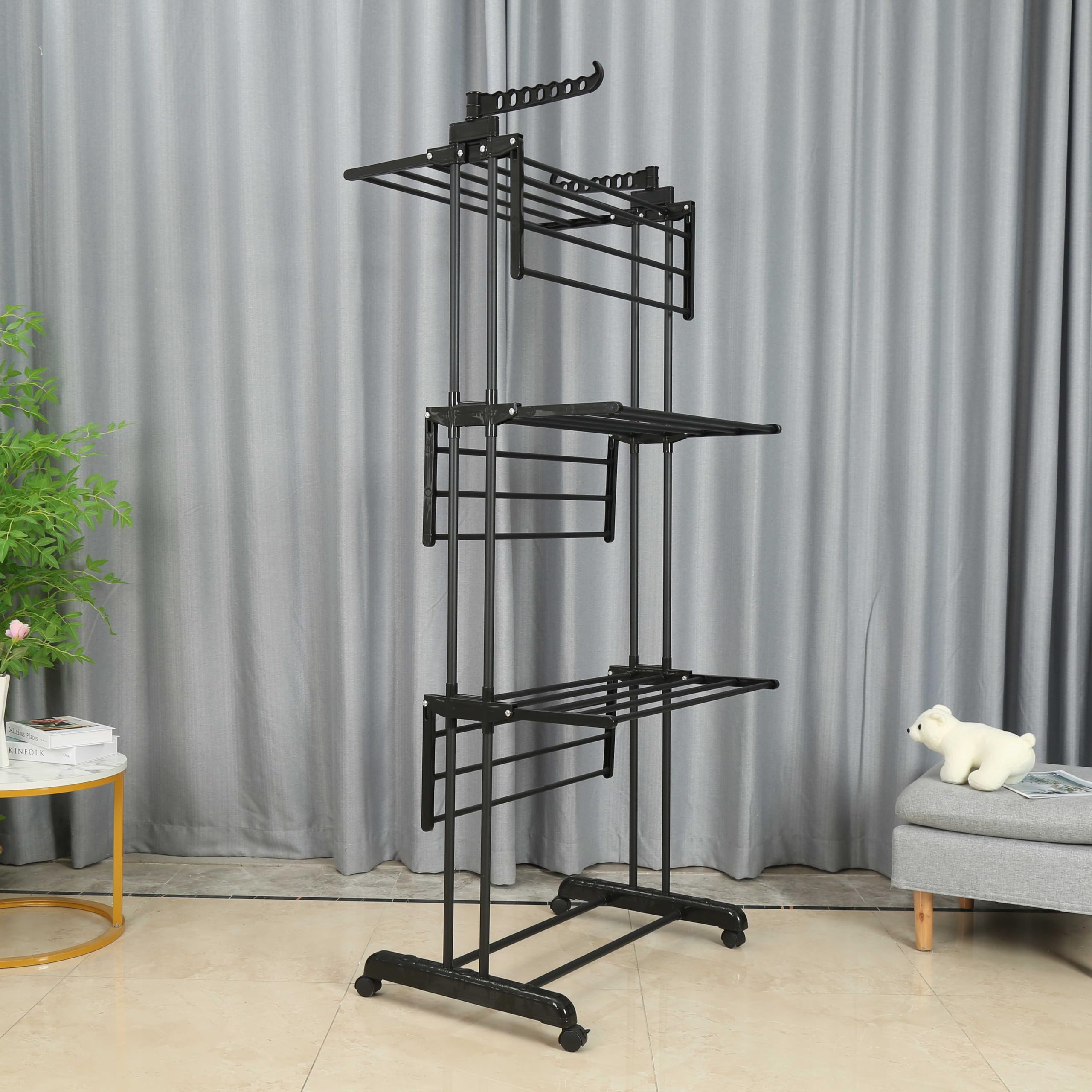 Étendoir à Linge sur Pied, 3 Niveaux, Tancarville, Séchoir, Étendoir à Linge intérieur, Étendoir Pliable, Grande Capacité, Étendoir avec Roues,170x64x126cm (Noir)