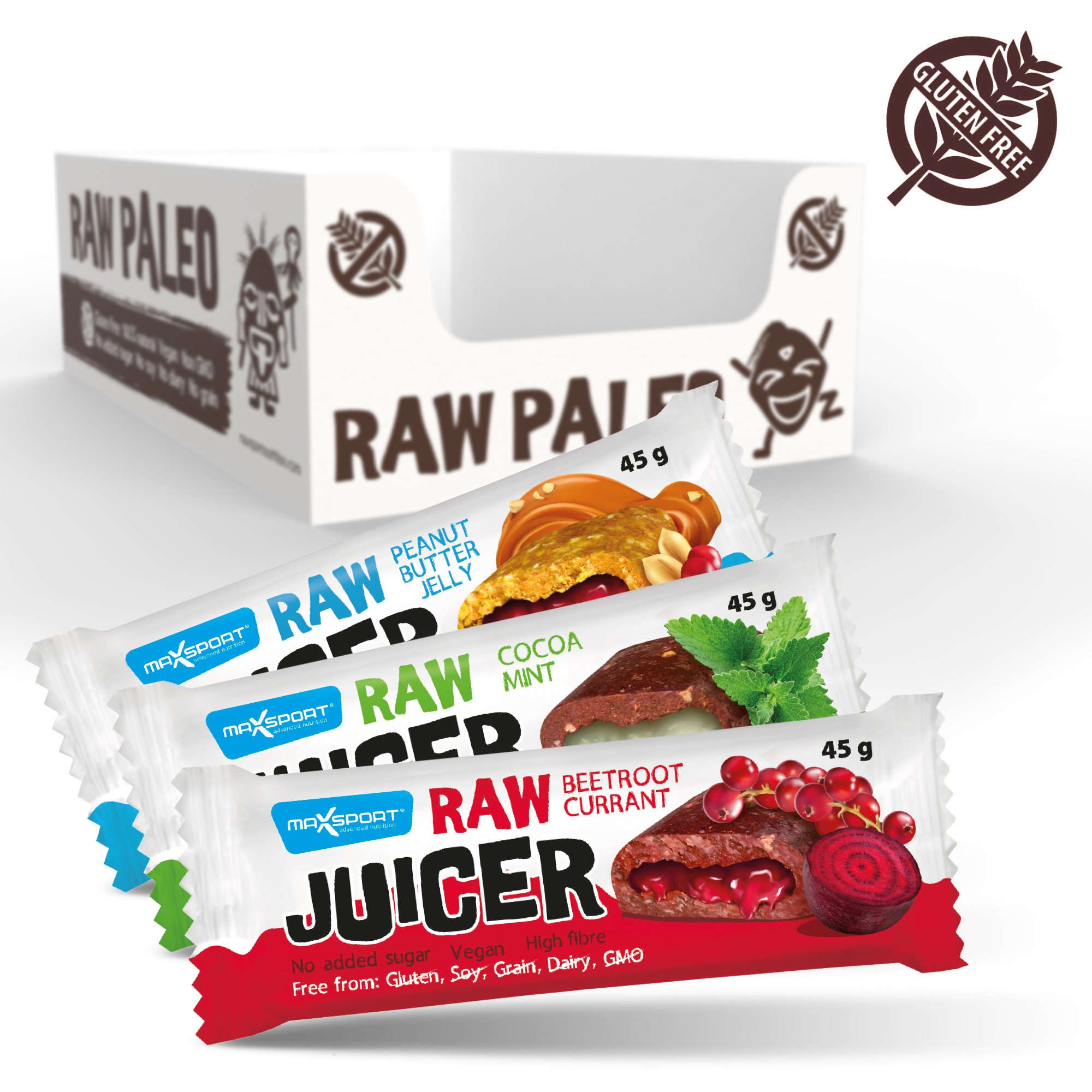 Maxsport Nutrition Raw Bars, Raw Juice filled Bars - Raw Paleo Bars, Vegan, Soy Free, Gluten Free, No added Sugar - Pack of 20 - Mix Box
