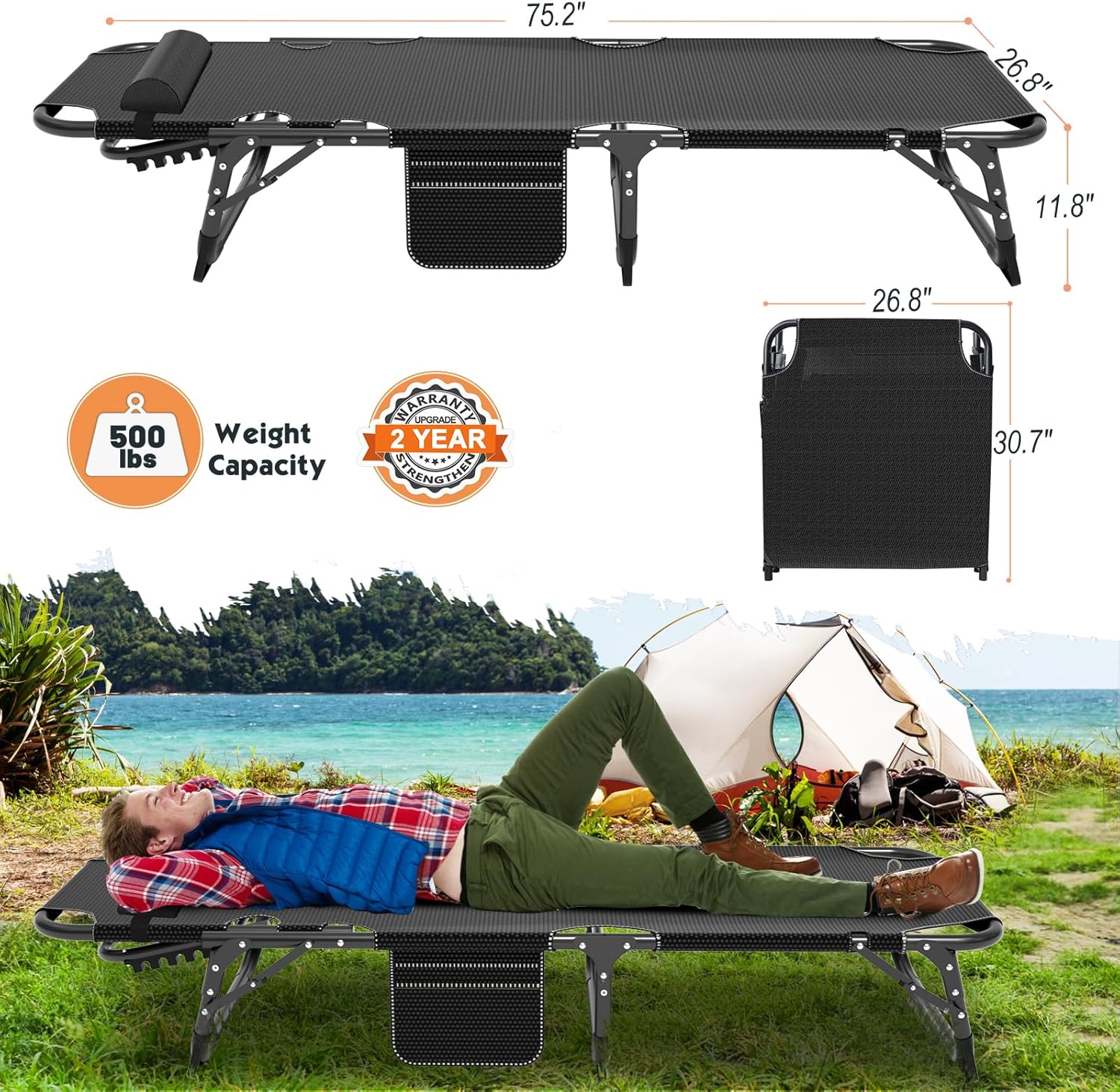 MOPHOTO Folding Chaise Lounge Chair 5-Position, Folding Cot, Heavy Duty Patio Chaise Lounges for Outside, Poolside, Beach, Lawn, Camping
