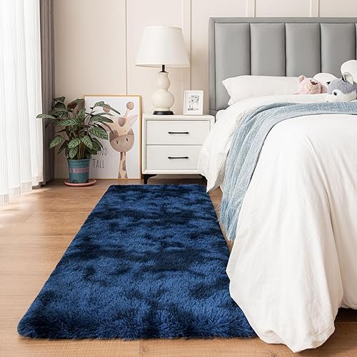 duduta Navy Blue Fluffy Plush Runner Rugs 2x6 ft Tie
