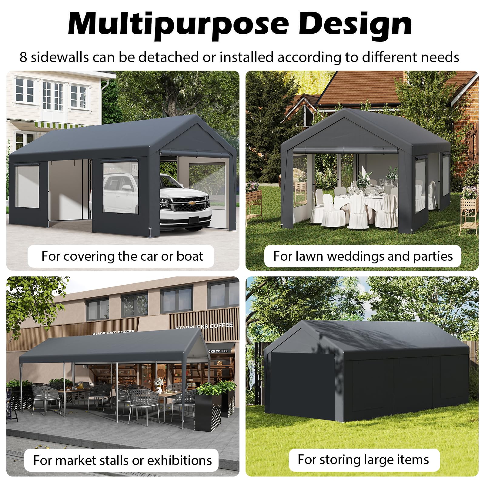 GOPLUS Abri Tente Garage 3x6 M, Tente de Stockage, Carport Résistant aux Intempéries, avec Couverture et 8 Parois Amovibles, pour Fêtes, Stands de Marché, Bateaux,Voitures, Gris