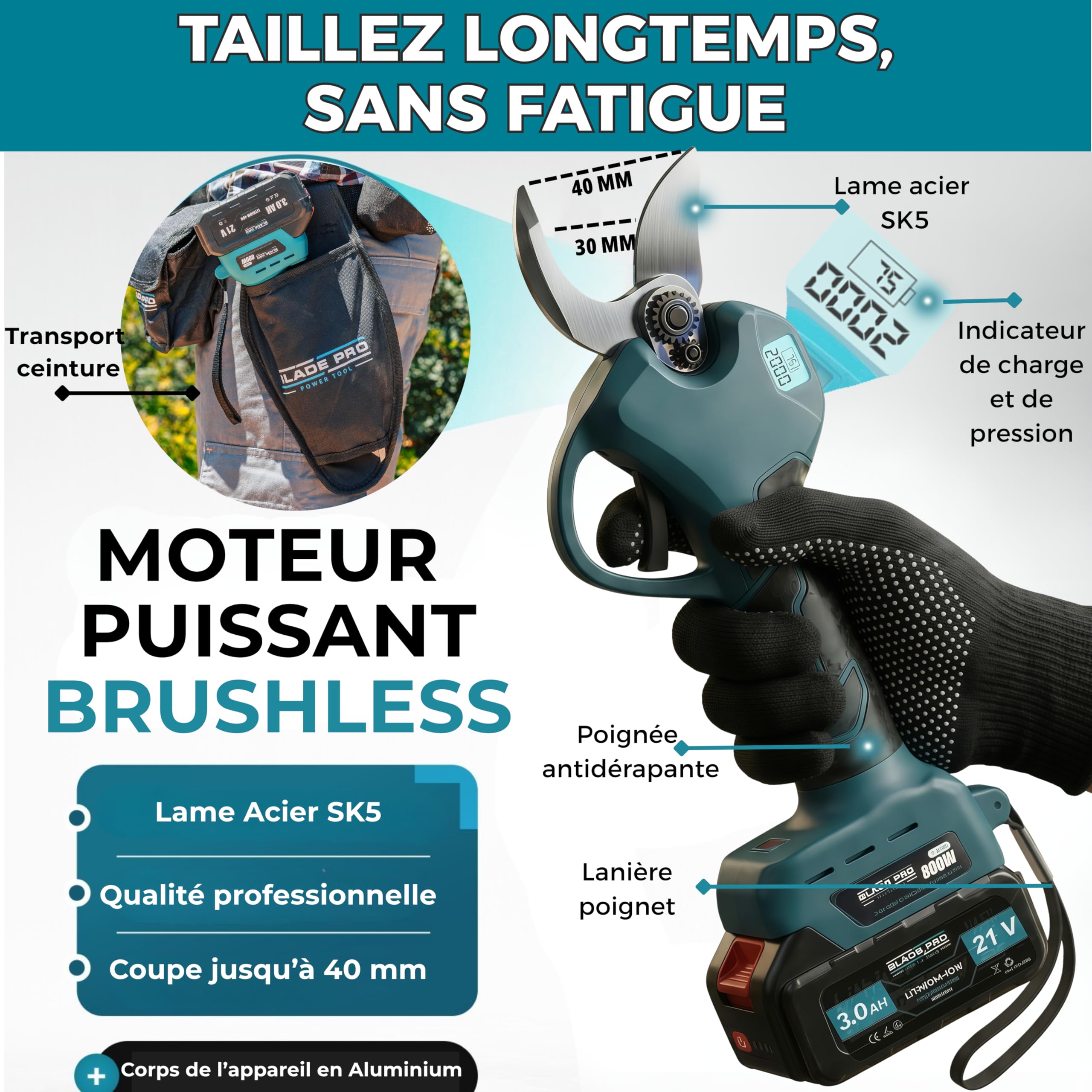 Sécateur Électrique Sans Fil 40mm - Sécateur à Batterie 6000mAh - 2 Batterie 21V - Brushless 800w - Coupe Branche Professionnel - Kit complet BLADEPRO