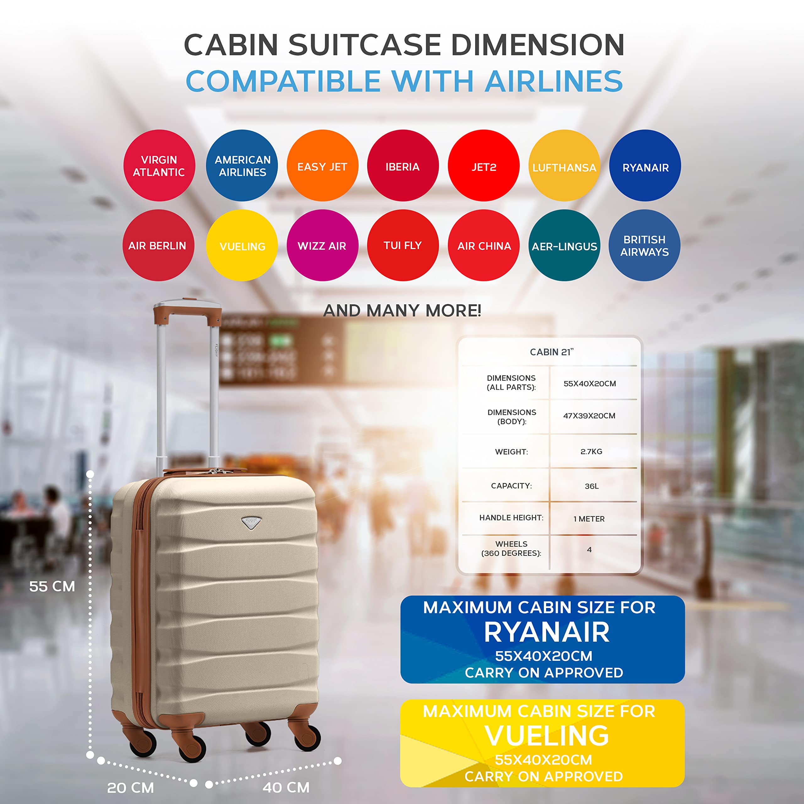 Flight Knight Cabin Suitcase 55x40x20 Ryanair Priority, EasyJet, Jet2 Lightweight Small Durable 4-Wheel Cabin Case, Carry-On for Over 60 Airlines, Hard Shell, 10kg Hand Luggage Bag (55 x 40 x 20 cm)