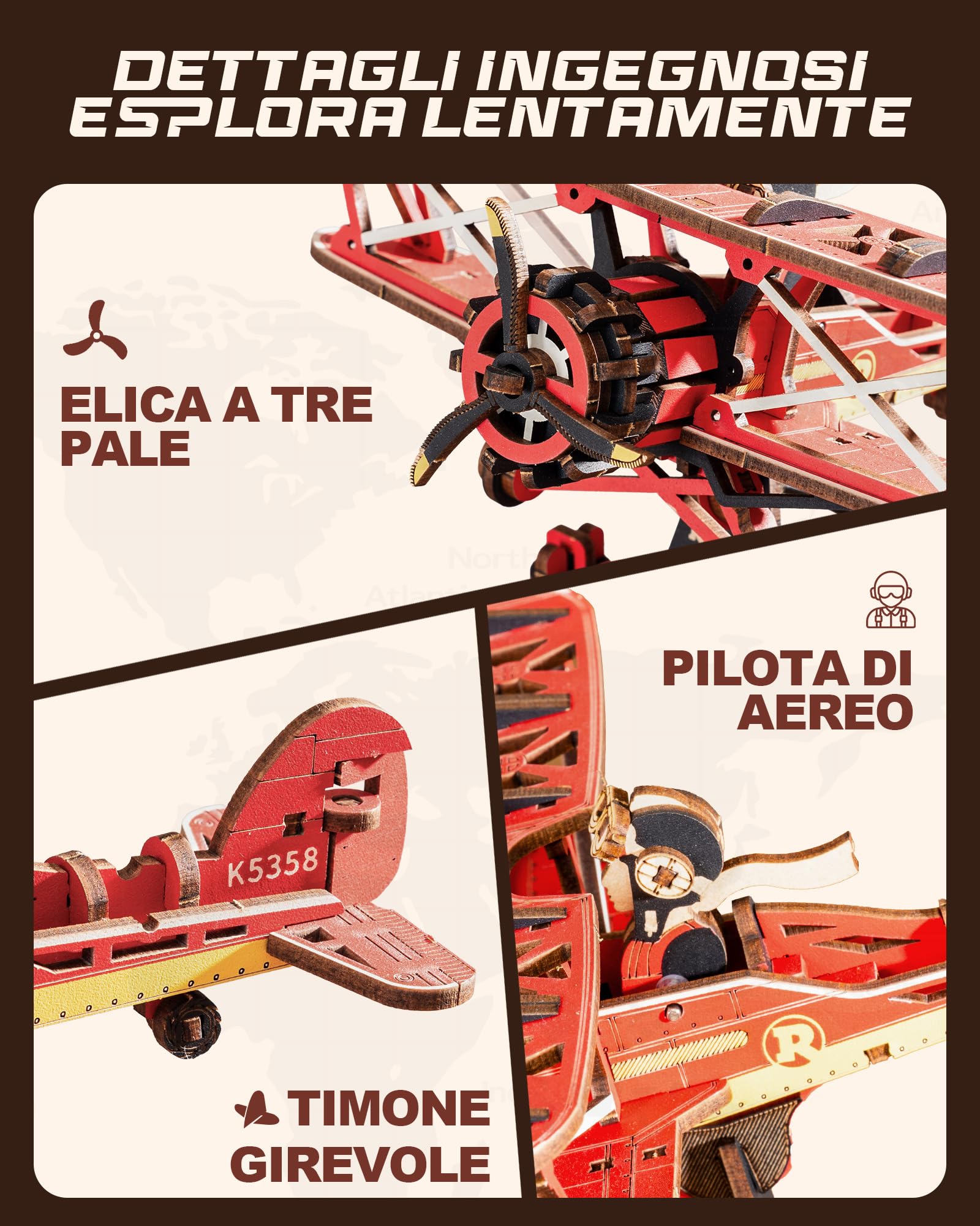 ROKR 3D Puzzle in Legno Aereo, Modellismo da costruire Adulti Capitano del cielo, Oscillazione Gravitazionale Decorazione, Regali per adulti e bambini, Sky Captain MCD01