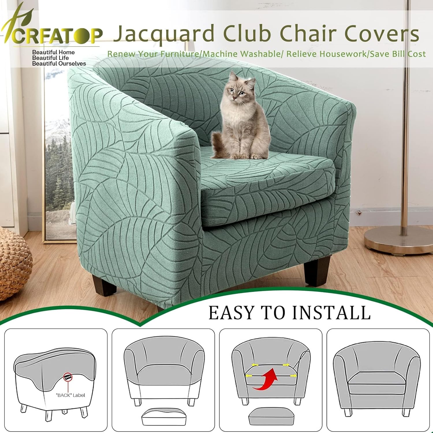 CRFATOP 2 Piece Club Chair Slipcover Stretch Barrel Chair Covers Jacquard Tub Chair Slipcovers Soft Armchair Sofa Cover Removable Furniture Protector Arm Chair Cover for Living Room,B26