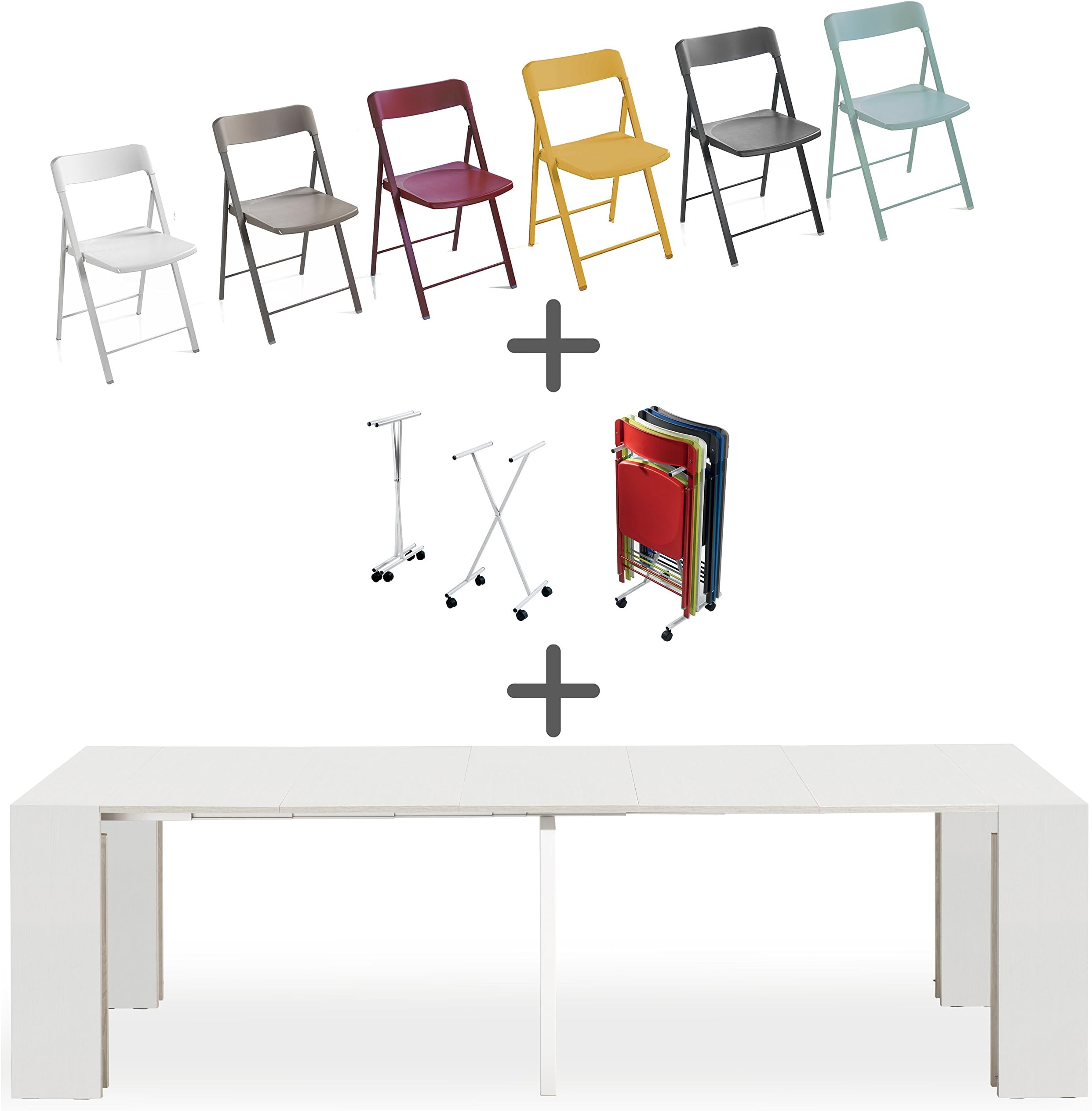 Set of 6 Folding Chairs + Trolley + Extendable Console Party, Ash White, 90 x 45 cm It converts to a solid extendable table up to 3 metres (12 sites). Brand new Made in Italy.