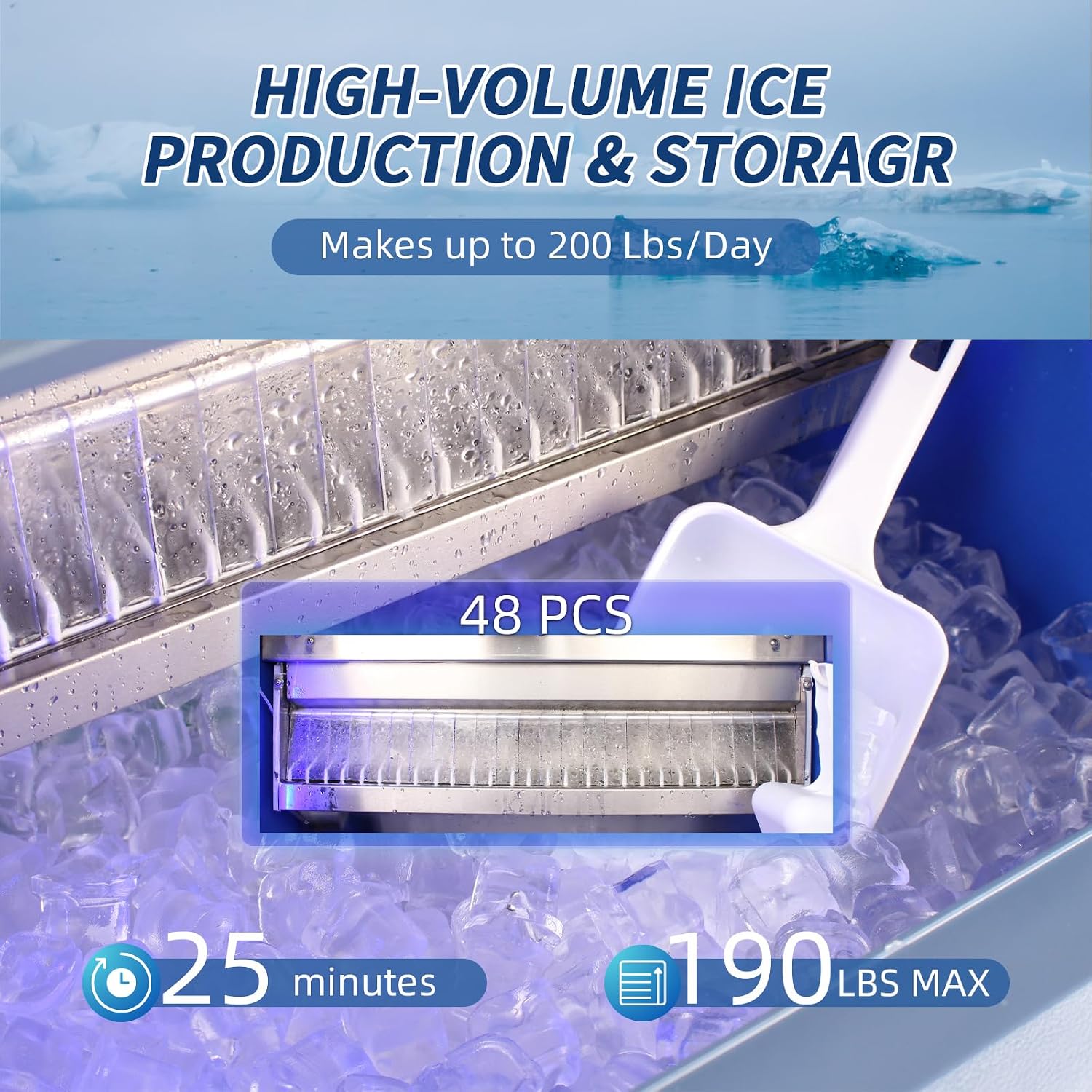 220Lbs Commercial Ice Maker Machine - Stainless Steel, Under Counter with 200lbs Storage, Fast Ice Production, Self-Cleaning, for Home Bar Restaurant