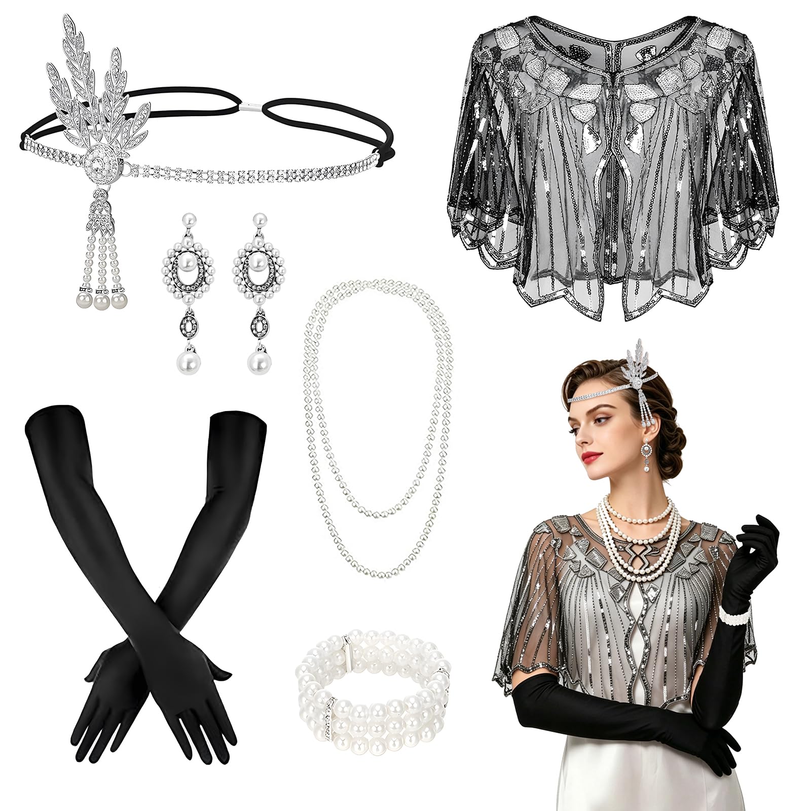 LUCKNIGHT 1920s Accessories for Women, 7 Pieces Great Gatsby Accessories Women, Flapper Accessories, Includes a Headband, Black Long Gloves, and a Matching Necklace and Earring Set