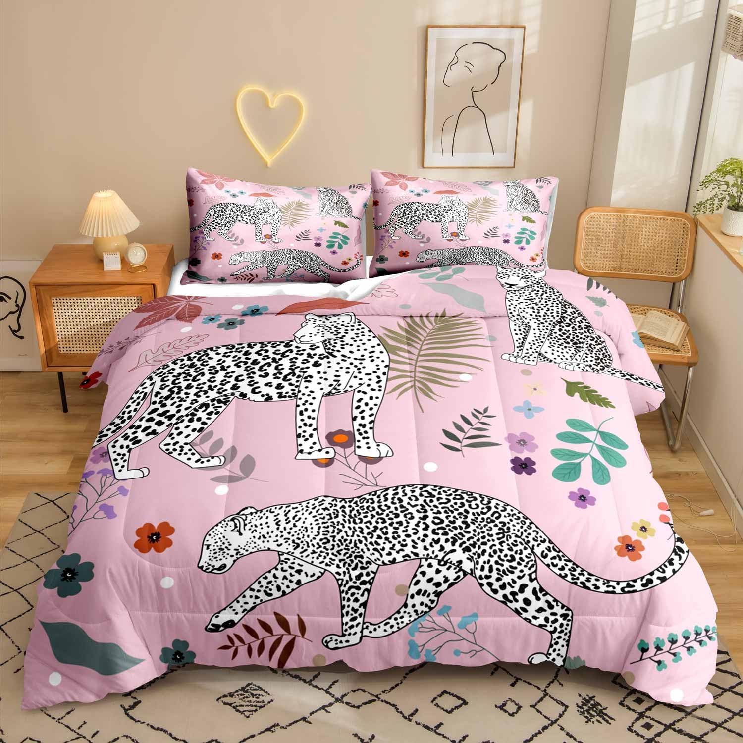 LUVIVIHOME 2PCS Cheetah Comforter Set Twin Size, Black and White Leopard Bedding, Soft Pink Quilt, Boho Floral Plant Cute Animal Print Kids Girls Women Bedroom Decor, 1 Pillow Sham