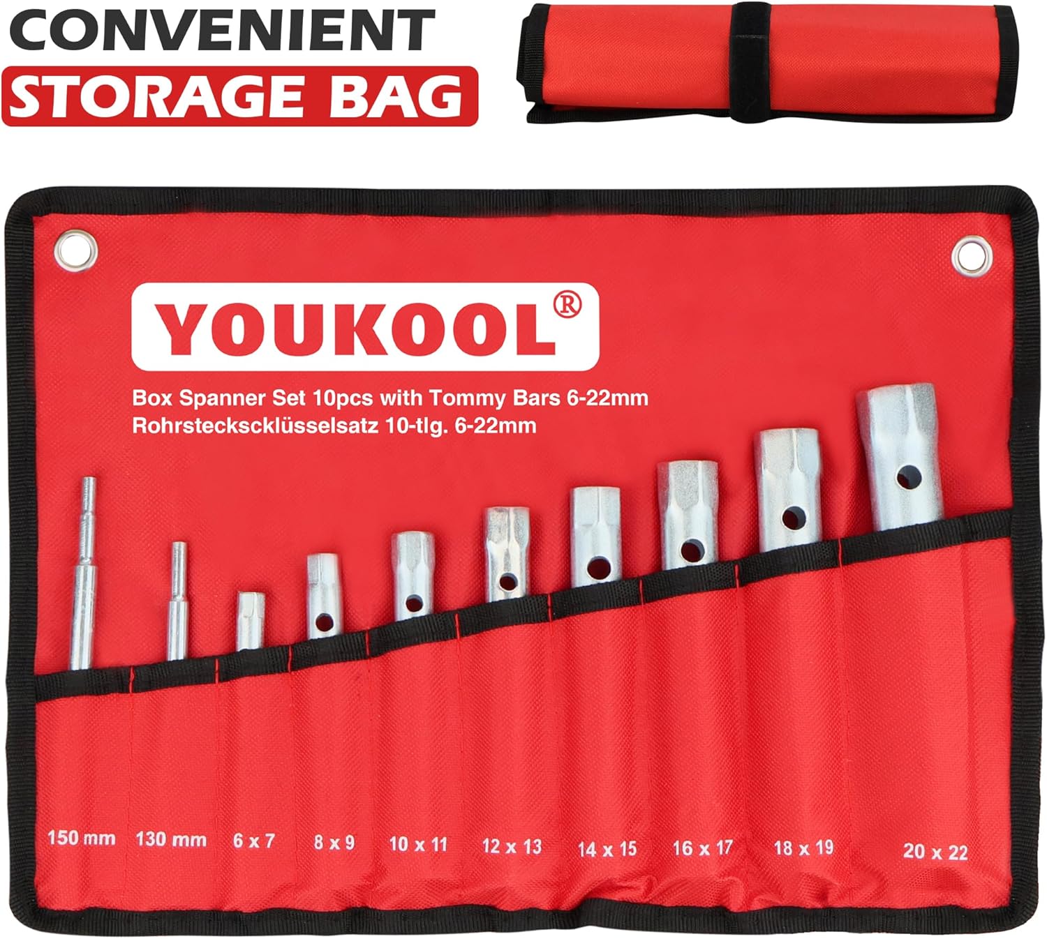 10-Piece Plumbers Spanner Wrench Set - Dual-Ended Socket Wrench for Shower Valves & Spark Plugs, 6-22mm Sizes with Tommy Bars