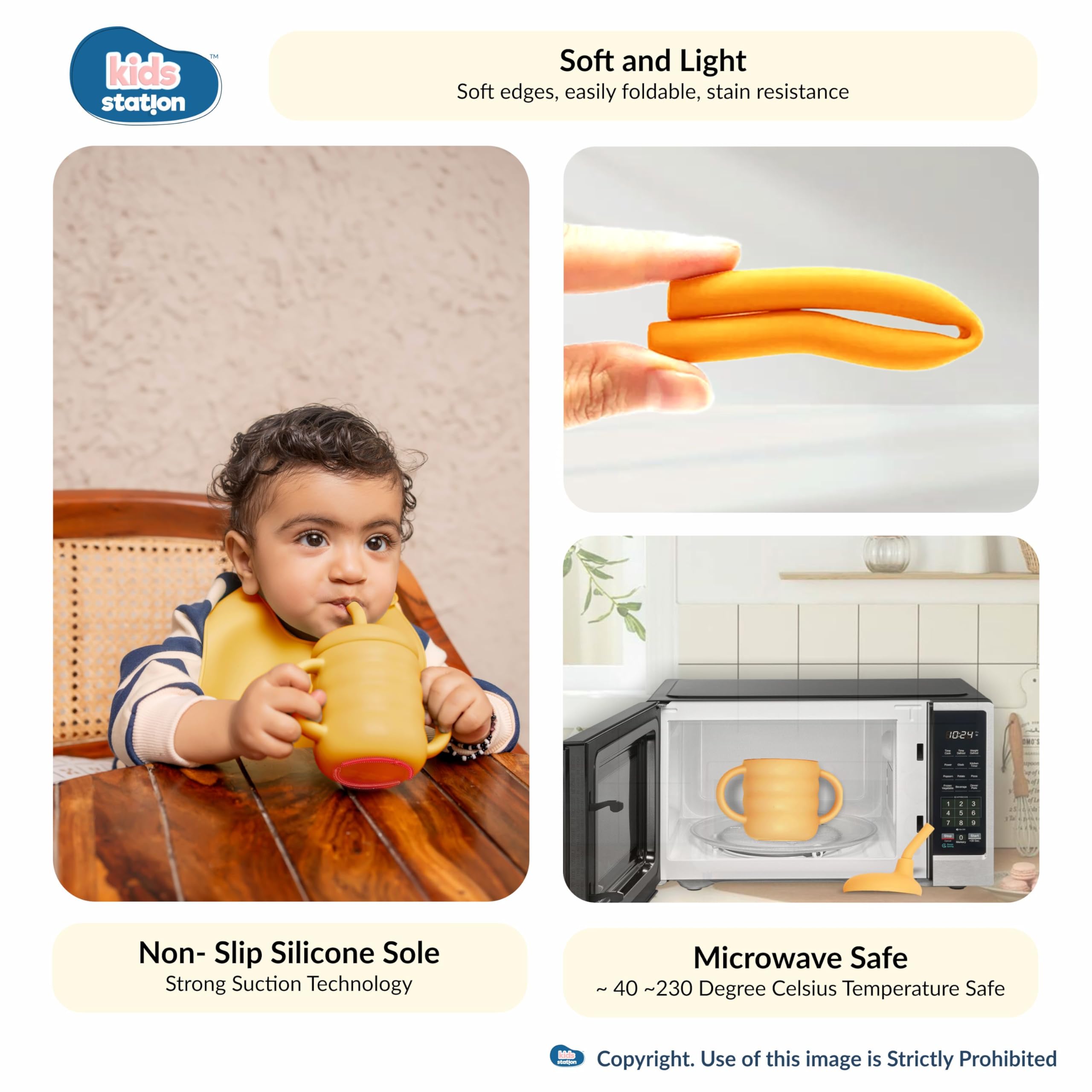 Kids Station 6 Piece Portable Cat Shaped Silicone Baby Feeding Set - Baby Bib, Plate, Fork, Sipper, Spoon and Bowl   , Mealtime Essentials, Promotes Baby Self-Feeding for Highchair (Yellow) - Image 6 thumbnail
