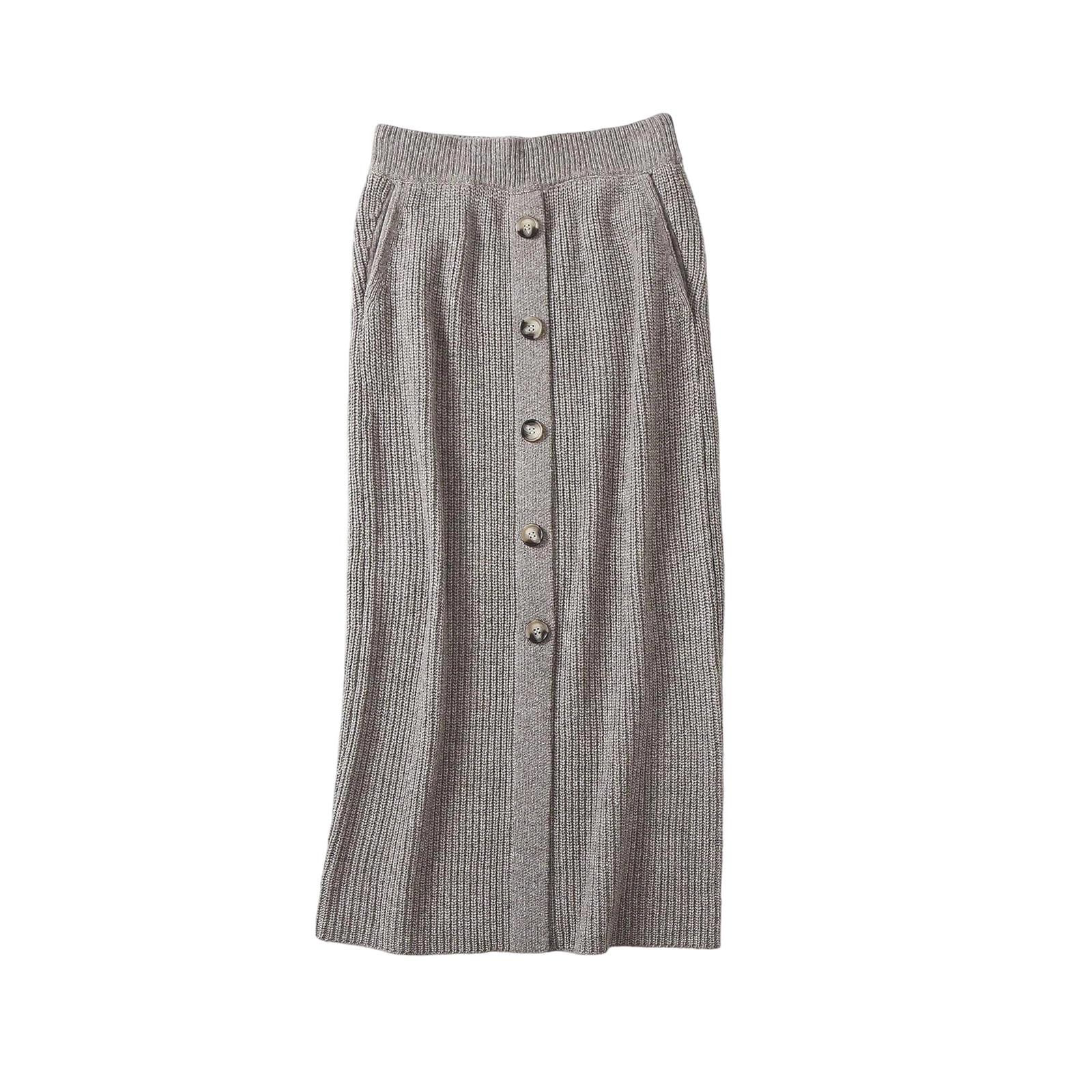 Women Knit Sweater Midi Skirts Casual A Line Pleated Elastic High-Waisted Buttons Long Straight Skirts