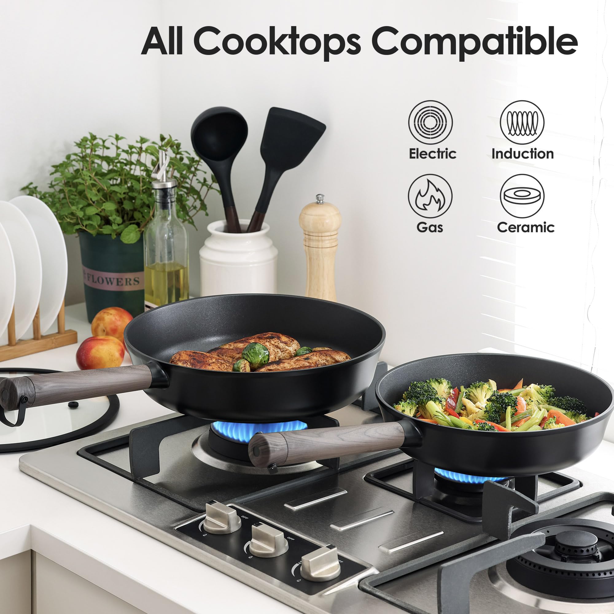 SENSARTE Set di pentole e padelle antiaderenti da cucina non tossico, lavabile in lavastoviglie, compatibile con induzione, senza PTFE/PFOA, 15 pezzi, nero