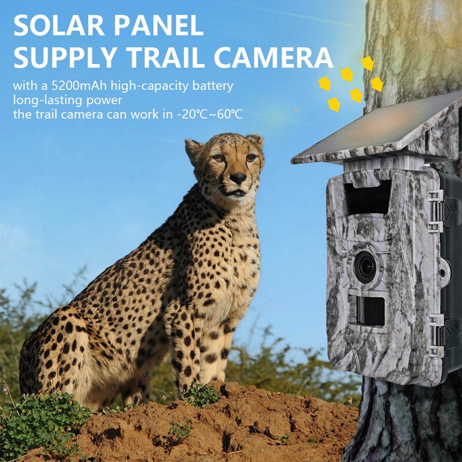 Aoresac Cámara de rastro de 60 MP con batería de 5200 mAh, gran angular de 120, WiFi, visión nocturna IP66 para monitoreo de vida silvestre, seguridad al aire con carga solar, carga tipo C