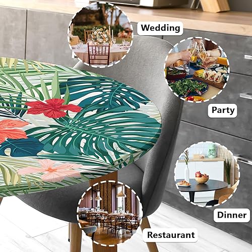 Miniatura 7 de Mantel redondo con diseño de palmeras y flores, ajustable con manteles elásticos redondos para exteriores, para mesas, impermeable, reutilizable,