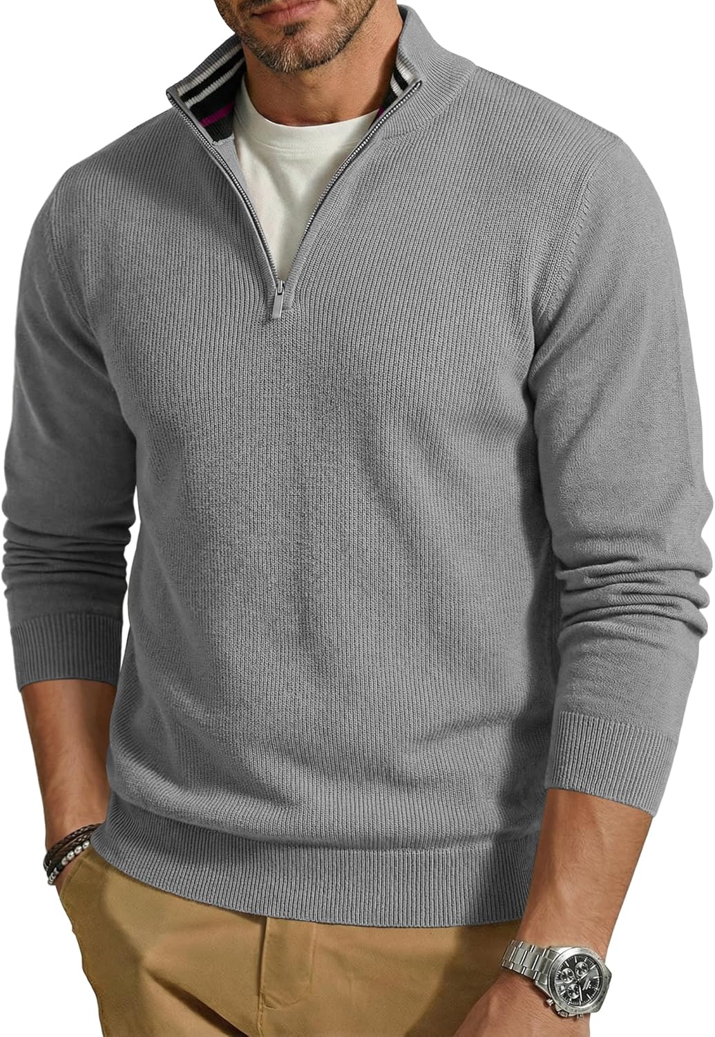 COOFANDY Quarter Zip Pullover Men Slim Fit Stretchy Ribbed 1/4 Zip Sweaters Business Casual Sweater