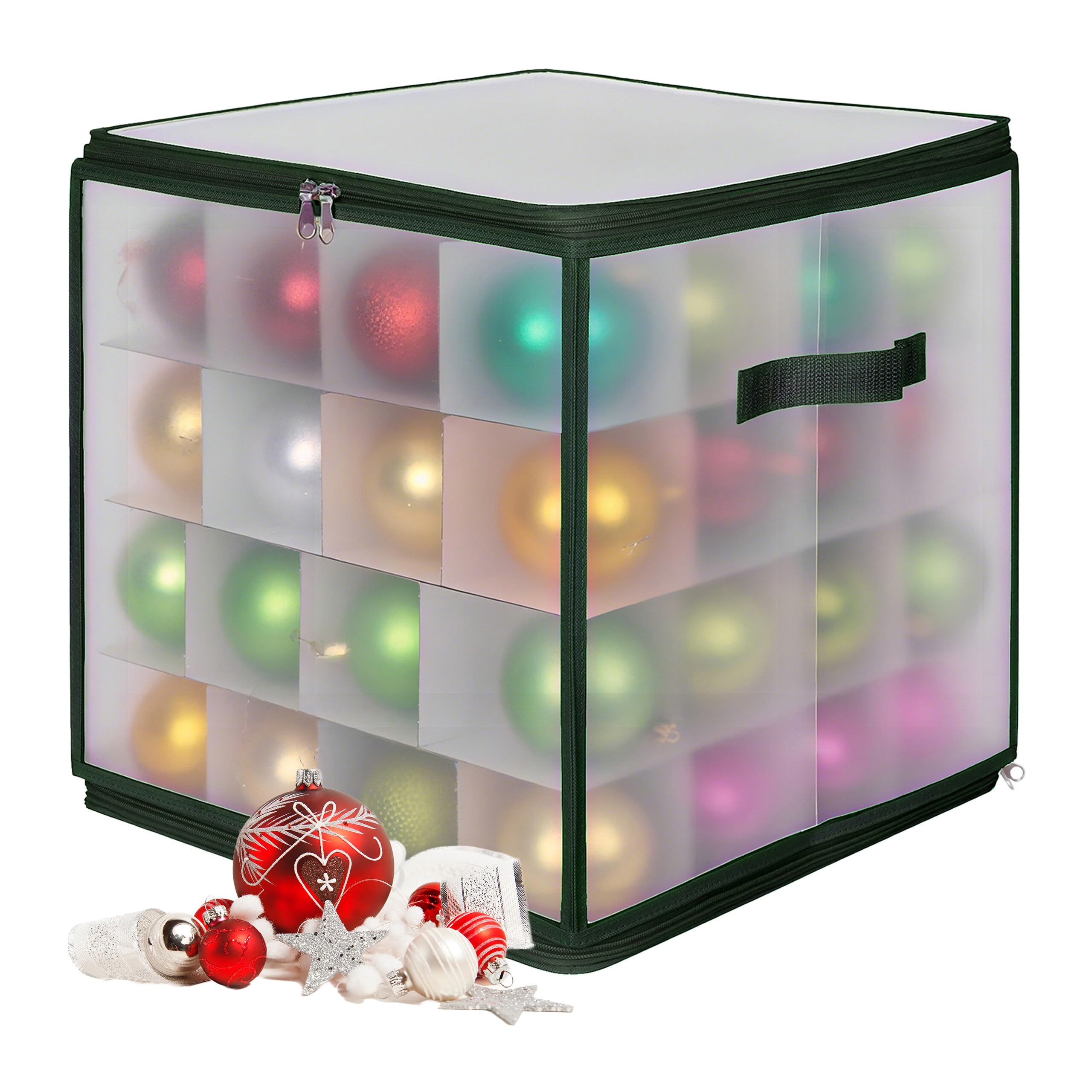 Relaxdays Christmas bauble storage box, 64 baubles, HxWxD: 36x36x36 cm, plastic, cardboard, transparent/green