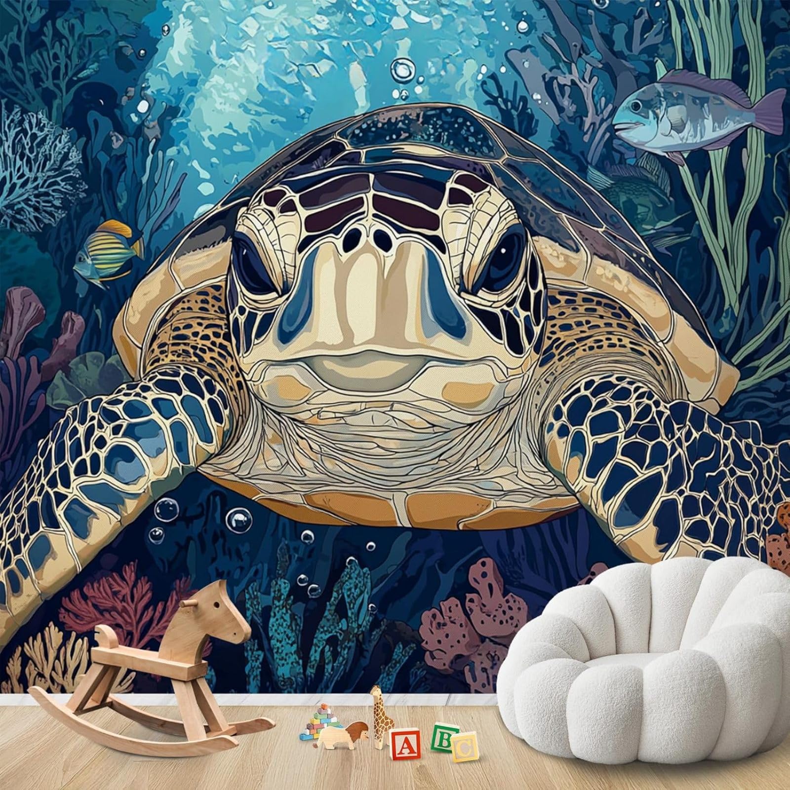 Hgjdjhnf 3D Mural Photo Mural - Wallpaper Sea Turtle Underwater World Cartoon Sea Animals Modern Wall Living Room Bedroom Children's Room Wall Decoration Motif,250Cmx175cm Poster - Wall Sticker - Frameless Picture