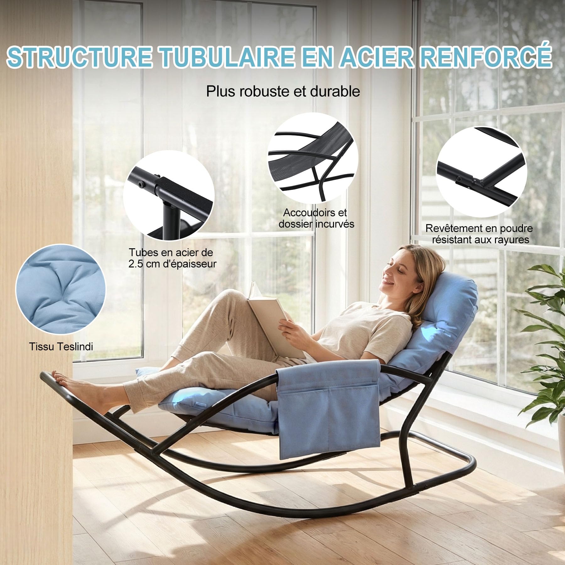 Fauteuil à Bascule Extérieur, Rocking Chair Papasan avec Coussin et Cadre, Cadre en métal Soutien des Pas, pour Chambre, Salon, Terrasse, Jardin,capacité de Charge 120 kg,Tissu Technique