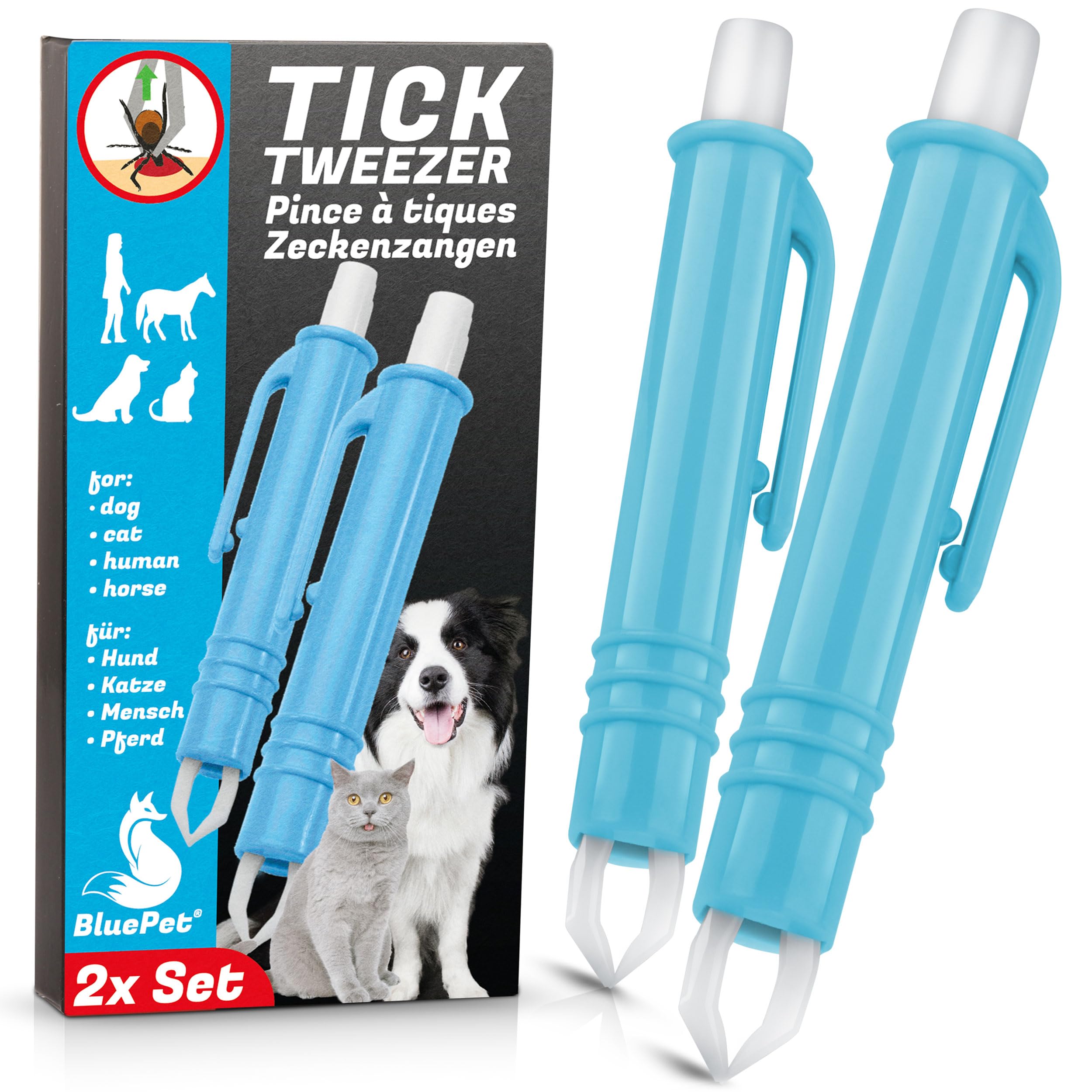 BluePet 2X Automatische Zeckenzange als Zuverlässige Zeckenpinzette Für Hunde, Katzen, Pferde & Menschen I Perfekter zeckenentferner für jedes Zeckennotfallset