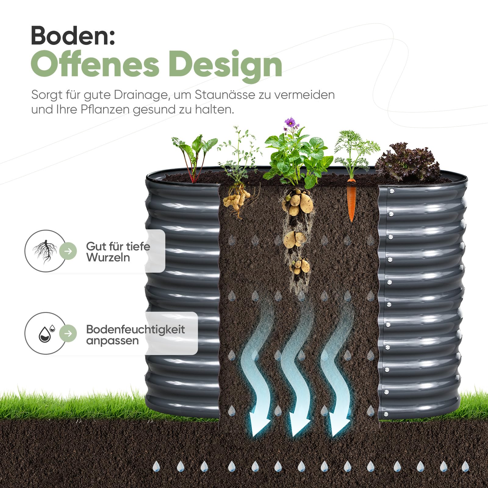 blumfeldt High Grow Verhoogd bloembed, ergonomisch 913 l ovaal bloembed in houtlook, weerbestendig metaal voor bloemen, kruiden en groenten, roestvrij staal met open bodemstructuur en eenvoudige