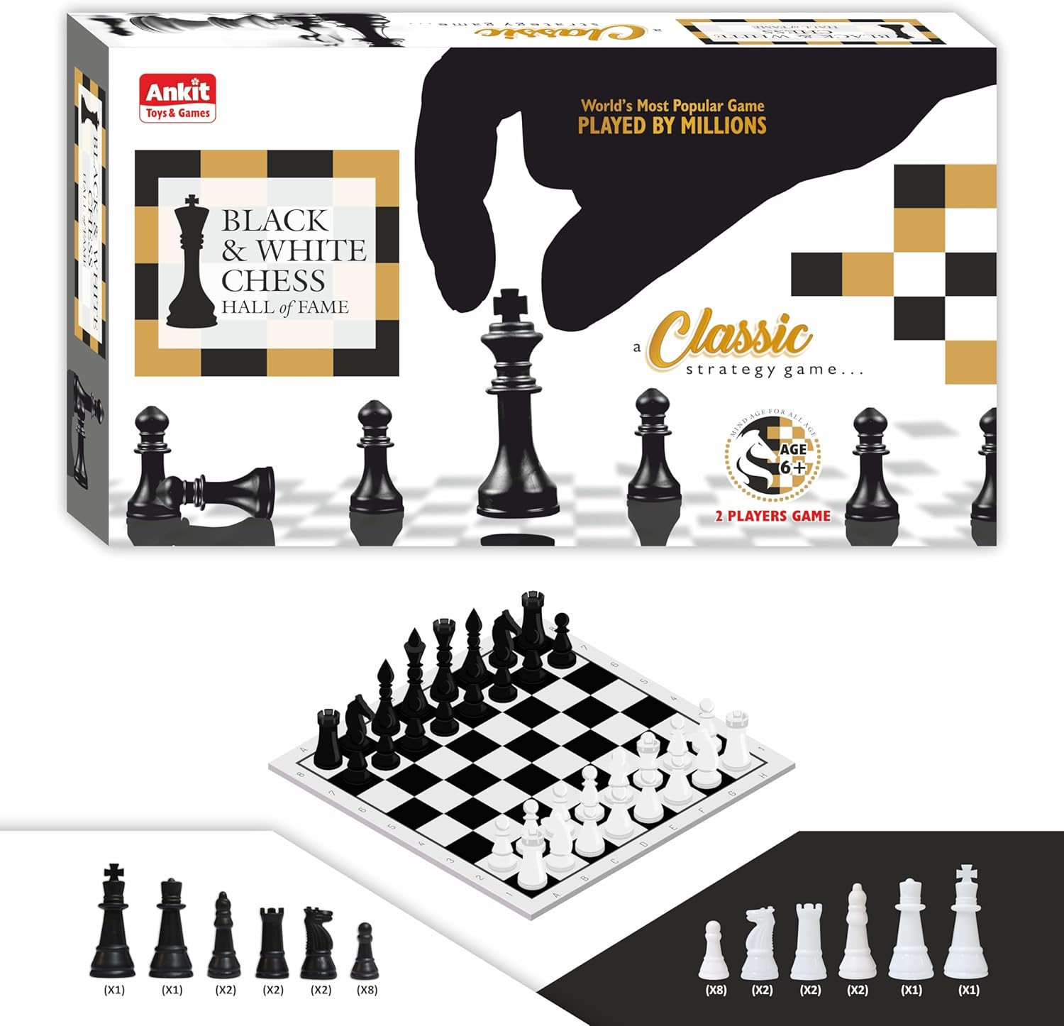 Ankit Toys & Games Black & White Chess Set – Durable, Portable Strategy Game for Kids & Adults Age 6+ Perfect for Family, Parties, Travel, and Gifting (Board Size 38 * 38 Cm)