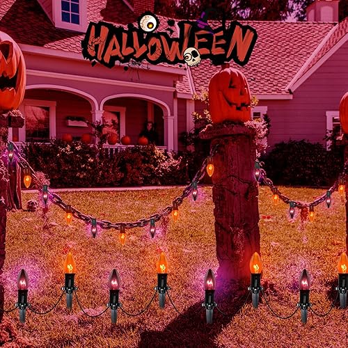 Miniatura 6 de Luces de camino de Halloween para exteriores, luces de estaca C9 de 19.5 pies con 10 bombillas C9 transparentes naranja y negro, tira de luces