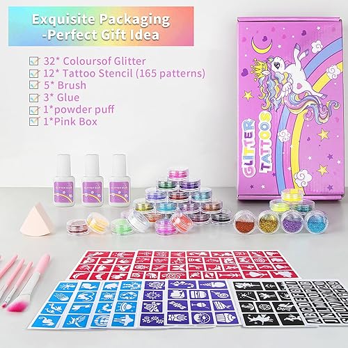 Miniatura 2 de Kit de tatuajes temporales con purpurina para niños, 32 colores de purpurina, 165 plantillas, 3 pegamento, 5 pinceles, 1 soplo de polvo, kit de