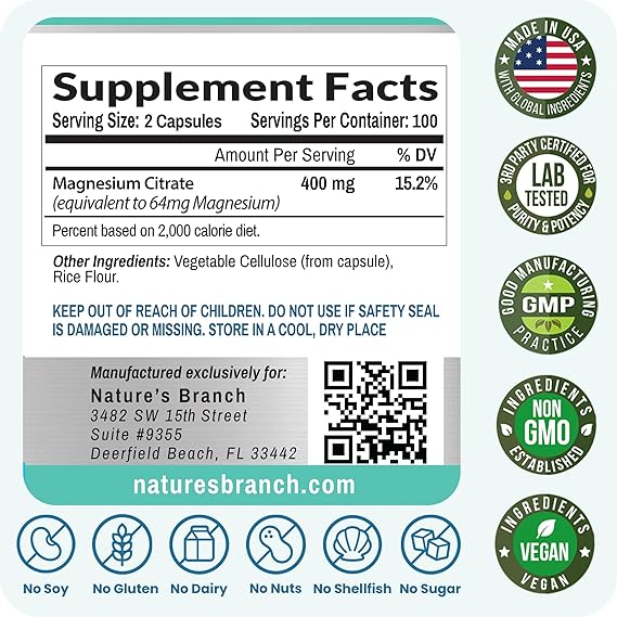 Magnesium Citrate Supplement for Sleep, Relaxation & Muscle Support 400mg High Absorption Magnesium Capsules for Women & Men Vegan, Non-GMO, Easy to Swallow Small Capsules 200 Capsules